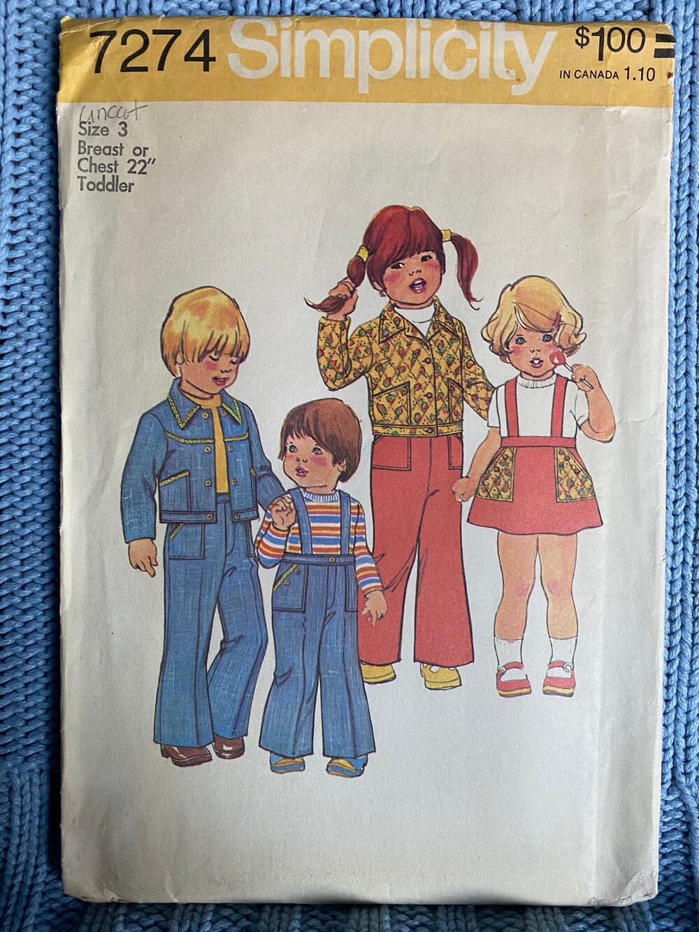 Simplicity 7274 pattern toddler jacket skirt pant suspenders 1970s size 3